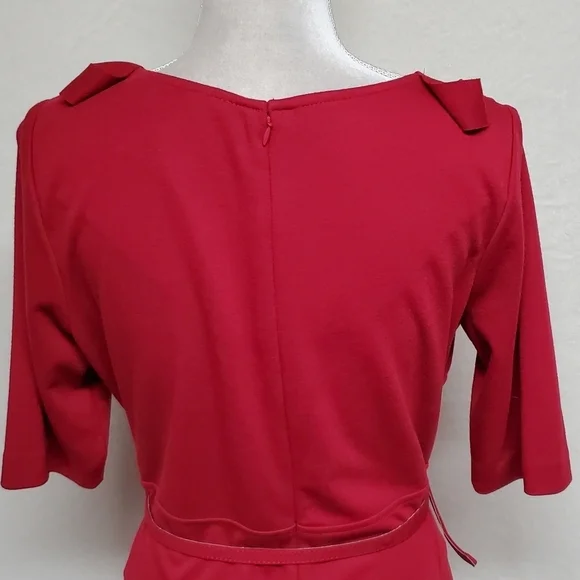 Retro Julian Taylor Red Front Ruffle Scoop Neck Belted Short Sleeve Midi Dress - Picture 11 of 15